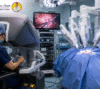 Female robotic surgical oncologist performing robotic-assisted cancer surgery using advanced robotic technology in a modern operation theatre