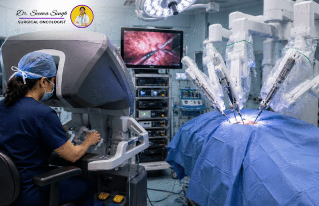 Female robotic surgical oncologist performing robotic-assisted cancer surgery using advanced robotic technology in a modern operation theatre