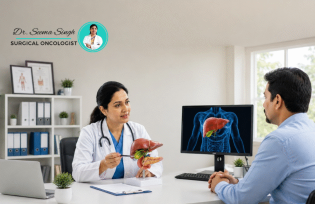 Doctor explaining gallbladder anatomy to a patient during a consultation about gallbladder cancer risk factors.