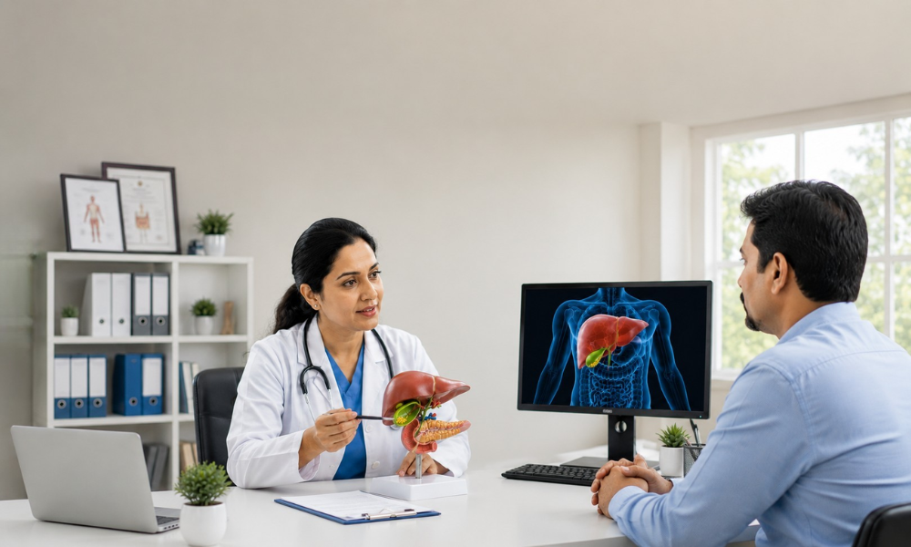 Doctor discussing gallbladder anatomy and gallbladder cancer risk factors with a patient during a medical consultation.