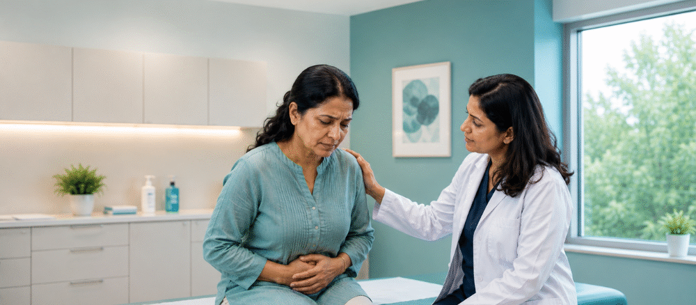 Woman experiencing abdominal discomfort while consulting a gynecologic specialist about potential endometrial cancer symptoms.