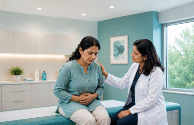 Woman experiencing abdominal discomfort while consulting a gynecologic specialist about potential endometrial cancer symptoms.