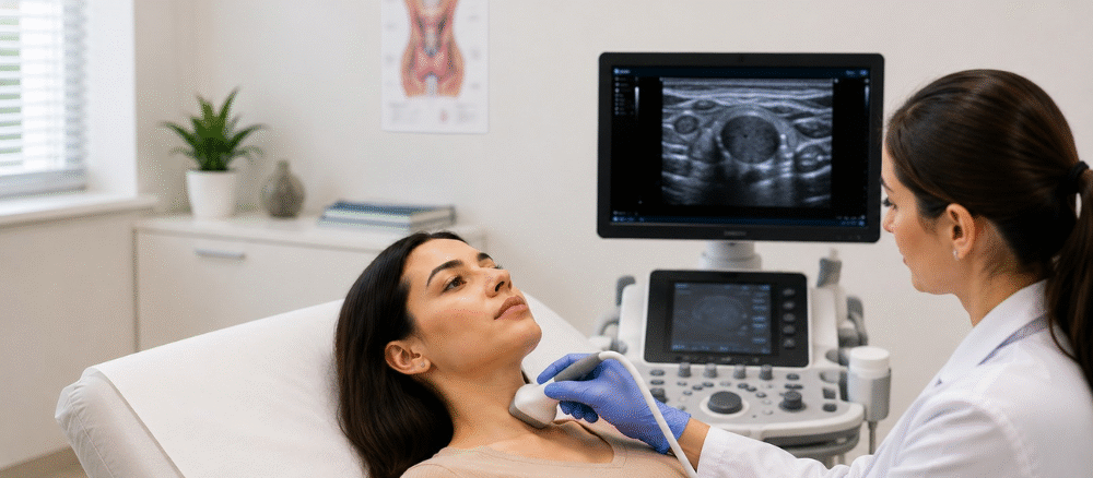 Doctor performing a thyroid ultrasound scan on a female patient to diagnose thyroid nodules.