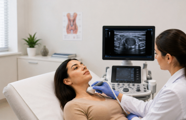Doctor performing a thyroid ultrasound scan on a female patient to diagnose thyroid nodules.