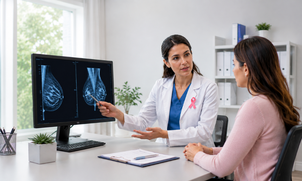 Doctor explaining mammography findings to a patient during breast cancer staging and treatment planning consultation.