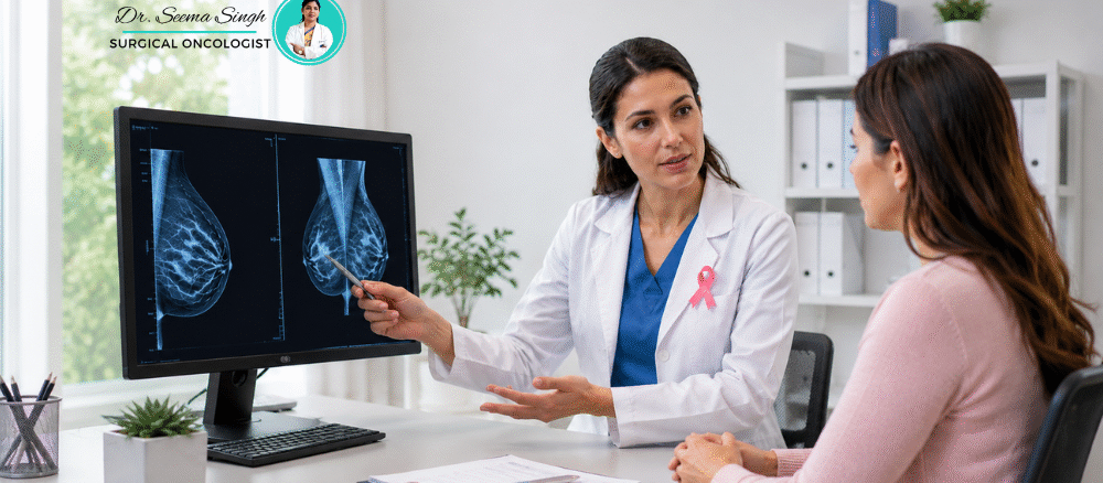 Patient consulting the Best Surgical Cancer Doctor in Ghaziabad about breast cancer staging before treatment.
