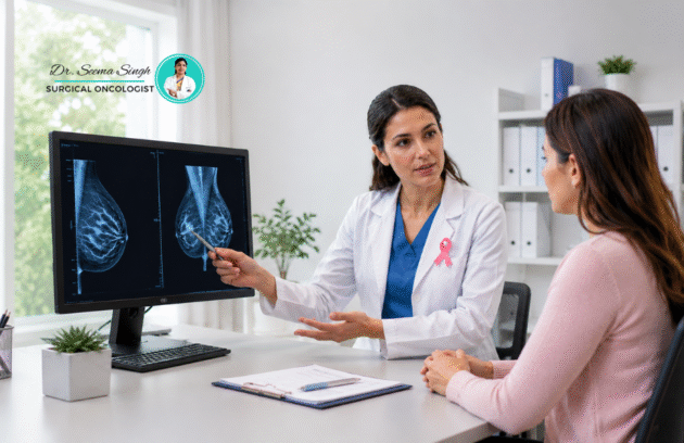 Patient consulting the Best Surgical Cancer Doctor in Ghaziabad about breast cancer staging before treatment.