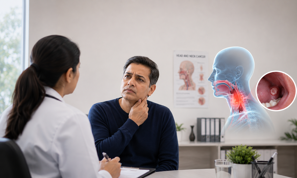 Patient consulting a Head-neck Cancer Surgeon in Ghaziabad for hidden symptoms of head and neck cancer, including throat discomfort and neck swelling.