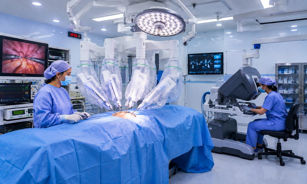 Experienced surgical oncology team performing ovarian cancer surgery in a modern hospital operating room using advanced surgical techniques.