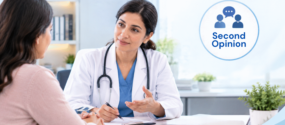 Doctor discussing a second medical opinion with a patient during a consultation.