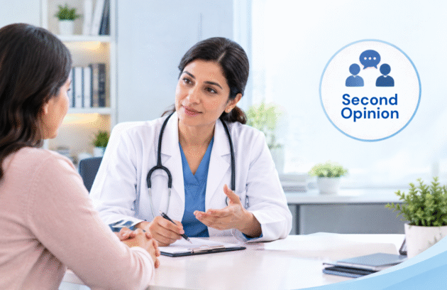 Doctor discussing a second medical opinion with a patient during a consultation.